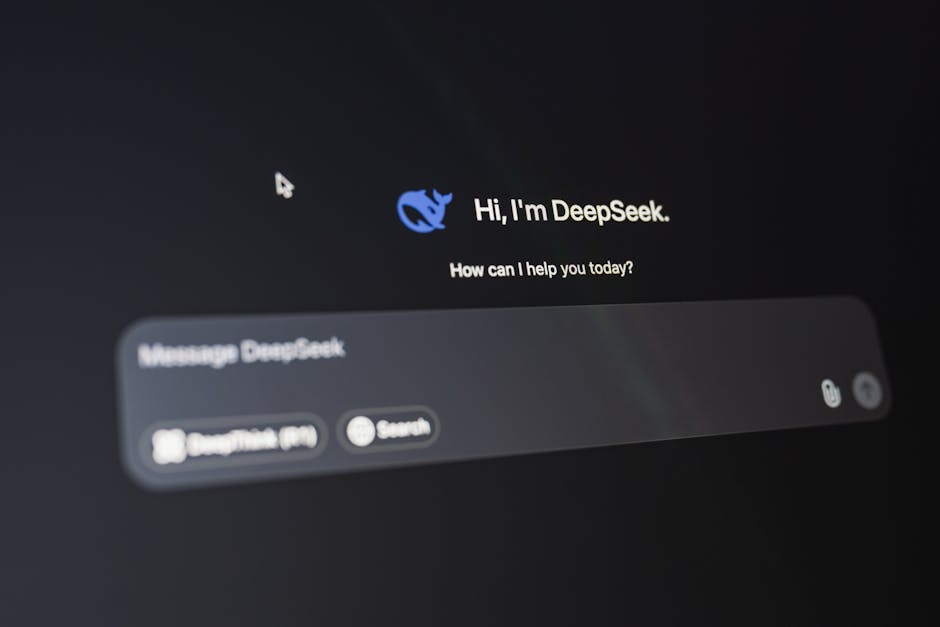 A detailed view of the DeepSeek AI interface, displaying a welcoming message on a dark background.