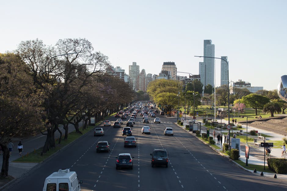 A busy avenue lined with trees and skyscrapers in Buenos Aires during daytime.
