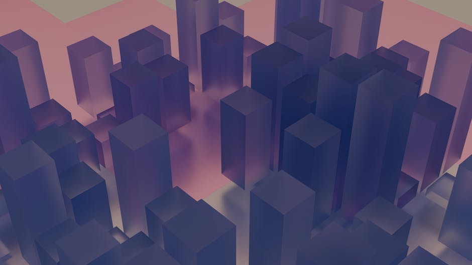 A geometric 3D cityscape render with purple and pink gradients, creating a modern abstract art piece.